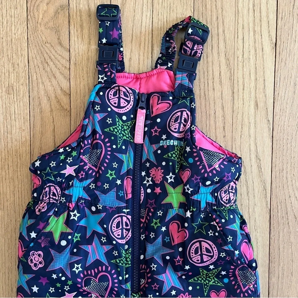 Skechers Size 2T Stars & Hearts Printed Snow Bib Overalls